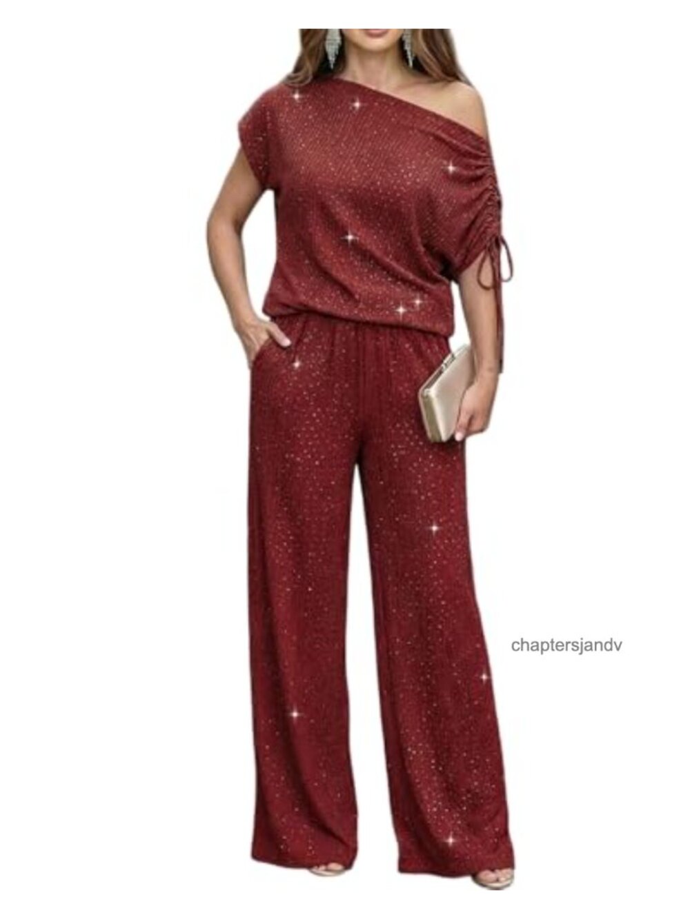 Rhinestone Cold Shoulder Top & Wide Leg Pants Set Polyester 2 Piece